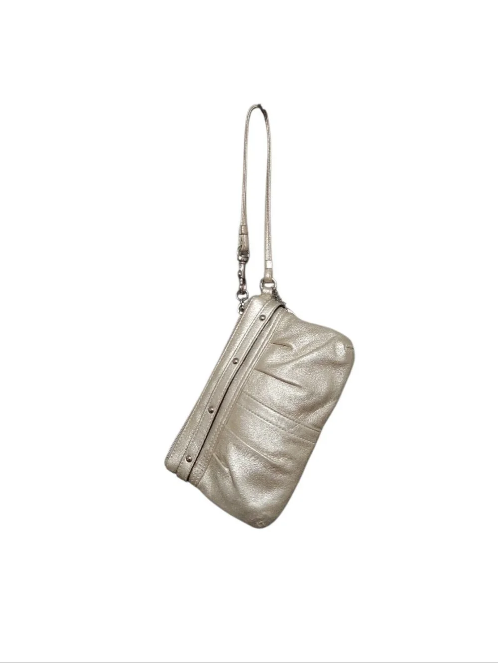 Coach Gold Metalic Nubuck Wristlet Chrome Dog Lesch Hardware - Picture 2 of 4